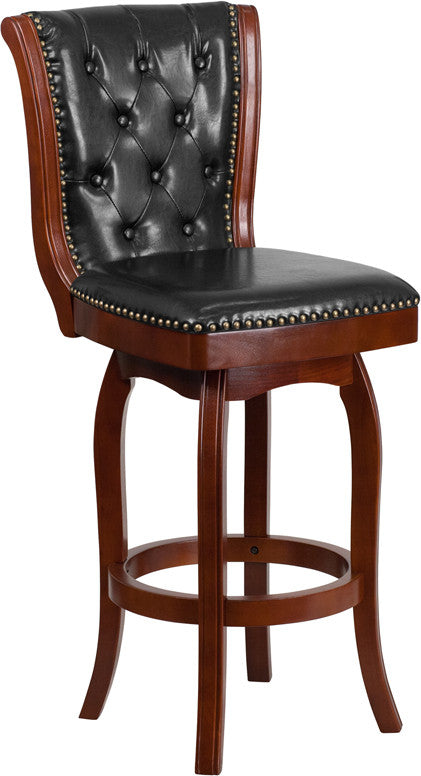 Cherry Wood Bar Stool with Black Leather Swivel Seat - Man Cave Boutique