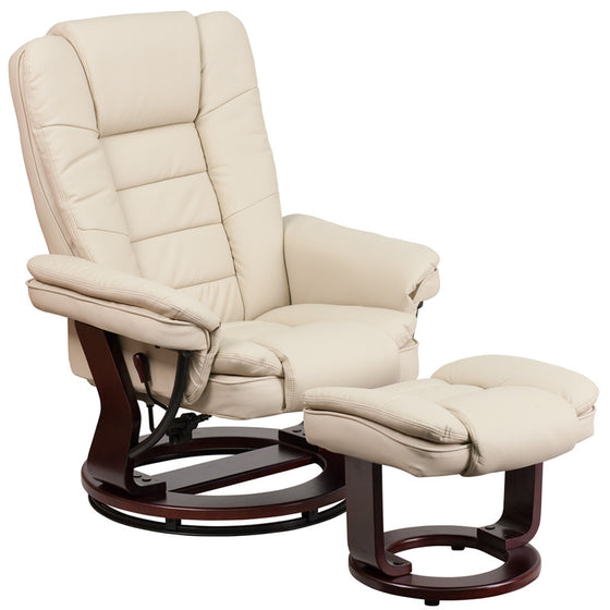 Contemporary Beige Leather Recliner & Ottoman & Swivel Mahogany Base - Man Cave Boutique