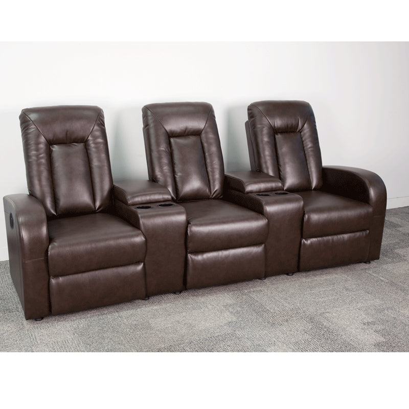 3-Seat Power Reclining Brown Leather Theater Seating Unit - Man Cave Boutique