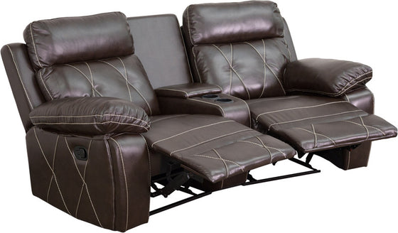 2-SEAT Reclining Brown Leather Theater Seating Unit with Curved Cup Holders - Man Cave Boutique