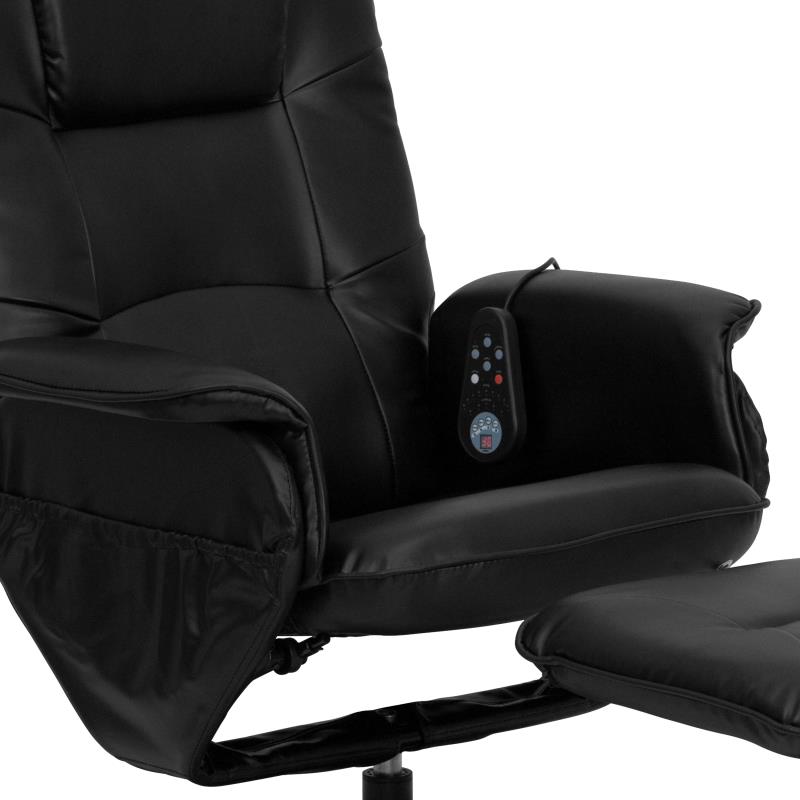 Massaging Adjustable Recliner with Deep Side Pockets and Ottoman with Wrapped Base in Black LeatherSoft - Man Cave Boutique