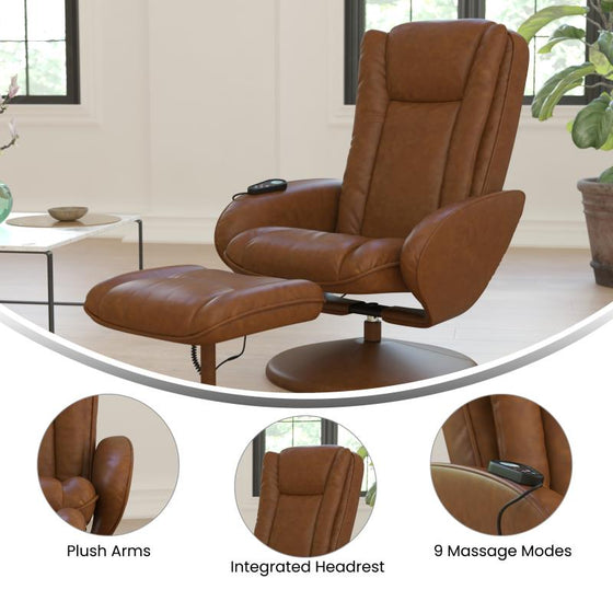 Massaging Multi-Position Plush Recliner with Side Pocket and Ottoman - Brown LeatherSoft - Man Cave Boutique