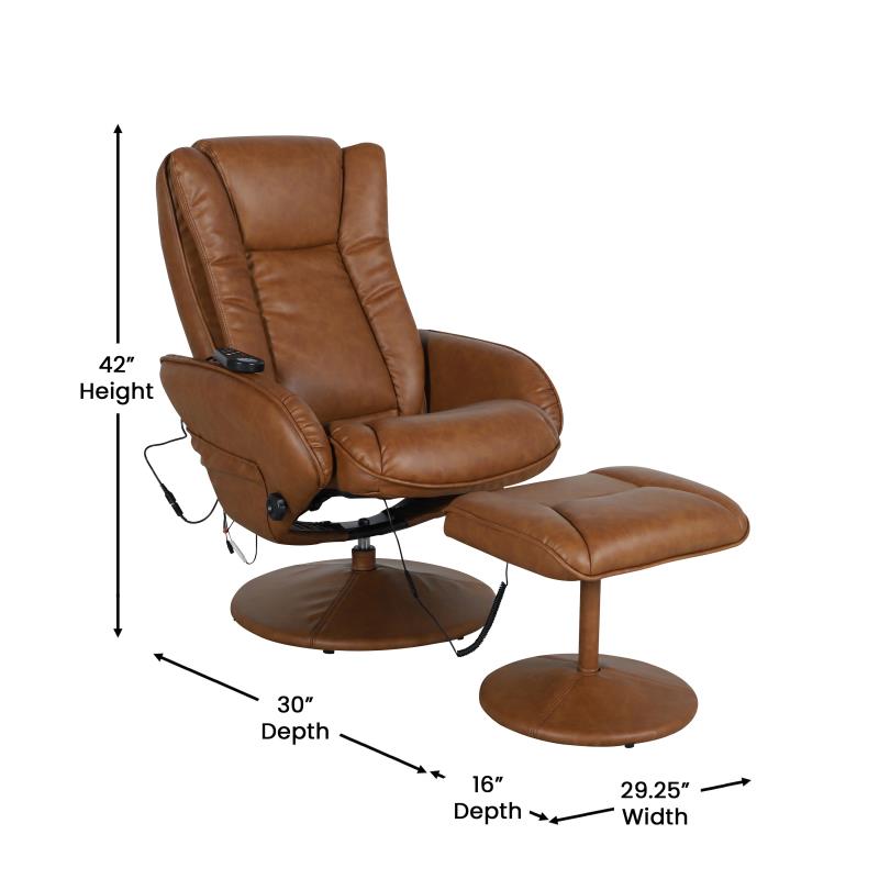 Massaging Multi-Position Plush Recliner with Side Pocket and Ottoman - Brown LeatherSoft - Man Cave Boutique