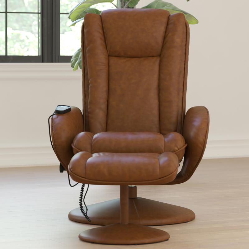 Massaging Multi-Position Plush Recliner with Side Pocket and Ottoman - Brown LeatherSoft - Man Cave Boutique