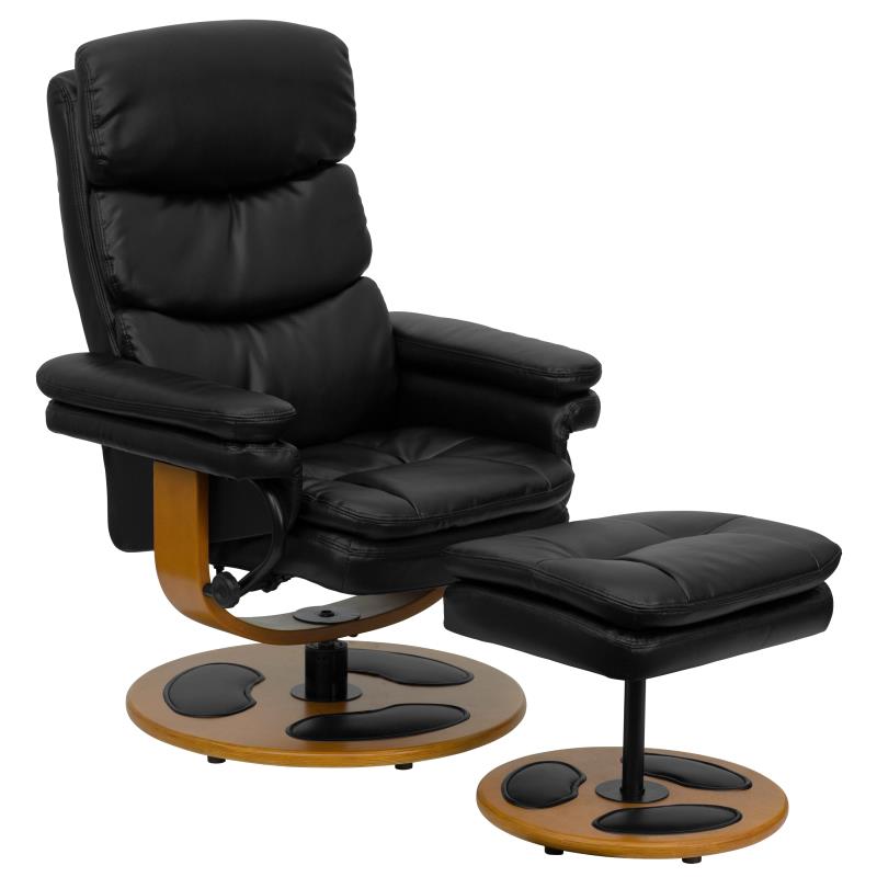 Contemporary Multi-Position Recliner and Ottoman with Wood Base in Black LeatherSoft - Man Cave Boutique