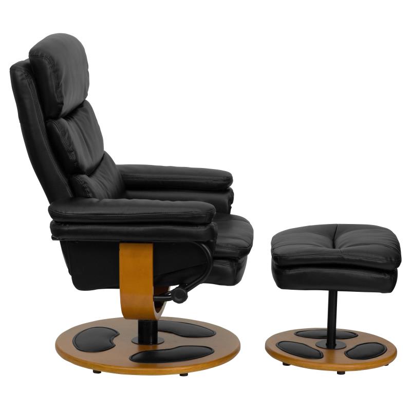 Contemporary Multi-Position Recliner and Ottoman with Wood Base in Black LeatherSoft - Man Cave Boutique