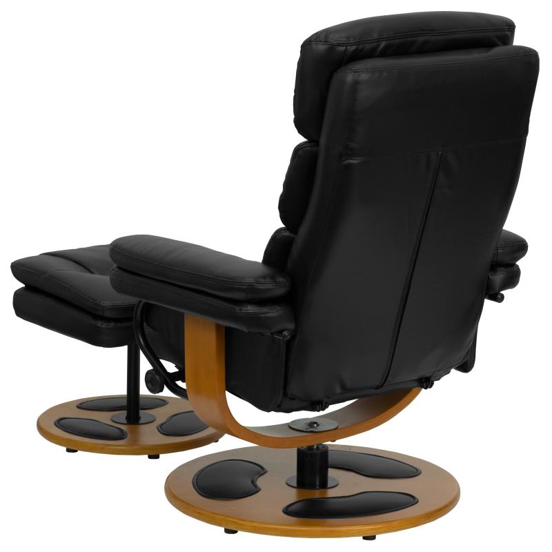 Contemporary Multi-Position Recliner and Ottoman with Wood Base in Black LeatherSoft - Man Cave Boutique