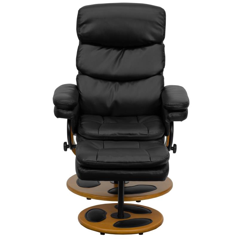 Contemporary Multi-Position Recliner and Ottoman with Wood Base in Black LeatherSoft - Man Cave Boutique