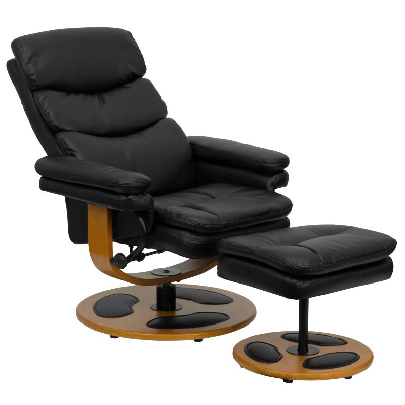 Contemporary Multi-Position Recliner and Ottoman with Wood Base in Black LeatherSoft - Man Cave Boutique