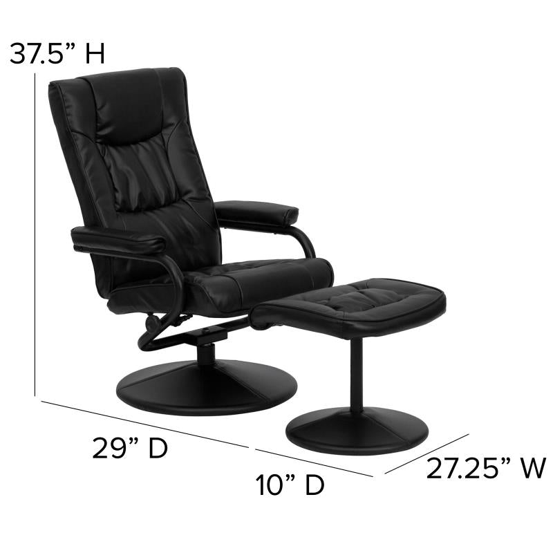 Contemporary Multi-Position Recliner and Ottoman with Wrapped Base in Black LeatherSoft - Man Cave Boutique