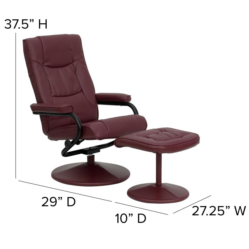 Contemporary Multi-Position Recliner and Ottoman with Wrapped Base in Burgundy LeatherSoft - Man Cave Boutique