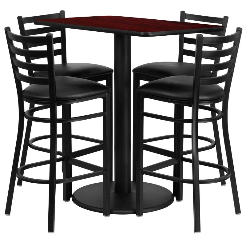 Rectangular Mahogany Laminate Table Set with 4 Ladder Back Metal Barstools - Black Vinyl Seat - Man Cave Boutique