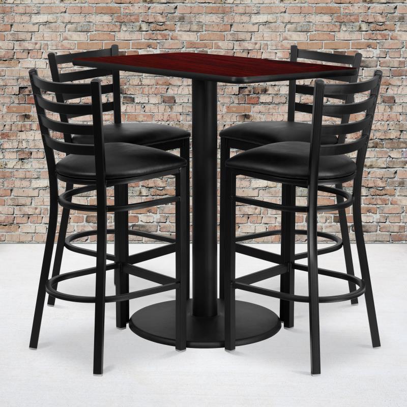 Rectangular Mahogany Laminate Table Set with 4 Ladder Back Metal Barstools - Black Vinyl Seat - Man Cave Boutique