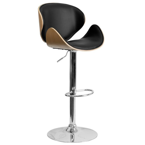 Beech Bentwood Adjustable Height Barstool with Curved Back and Black Vinyl Seat