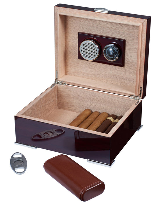 Cigar Humidor Gift Set Xander Burgandy Wood with Case and Cutter - Man Cave Boutique