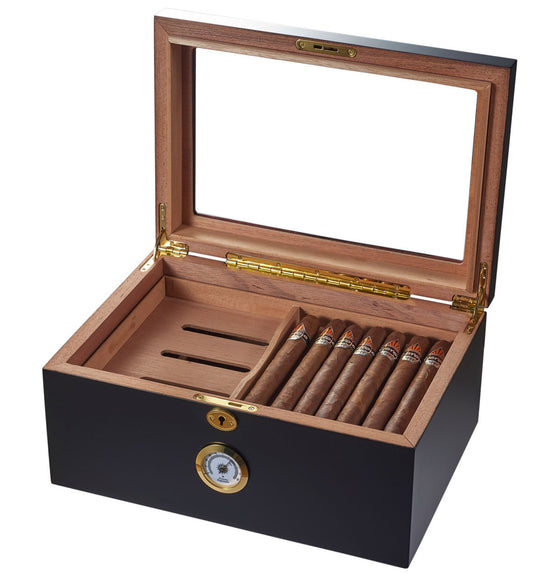 Cigar Humidor Rainier Glass Top with Black Matte Finish - Holds 100 Cigars - Man Cave Boutique