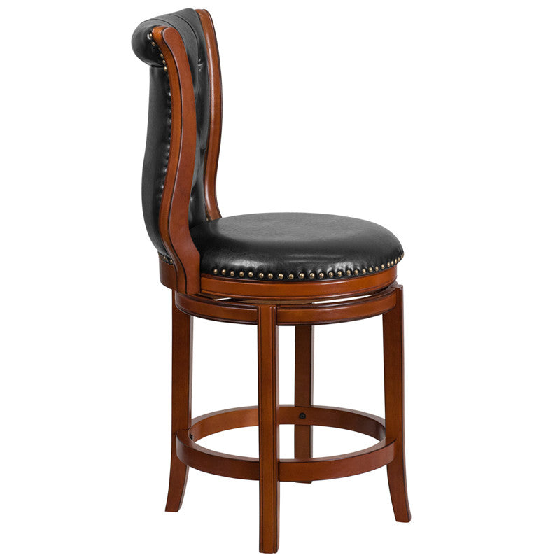 Brandy Wood Bar Stool with Black Leather Swivel Seat - Man Cave Boutique