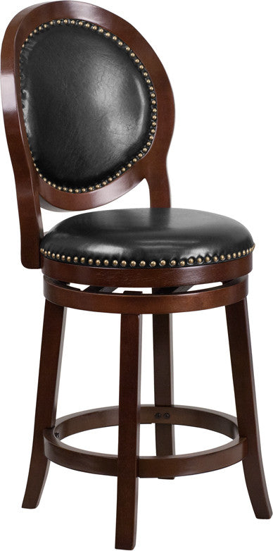 Cappuccino Wood Barstool w/Black Leather Swivel Seat - Man Cave Boutique