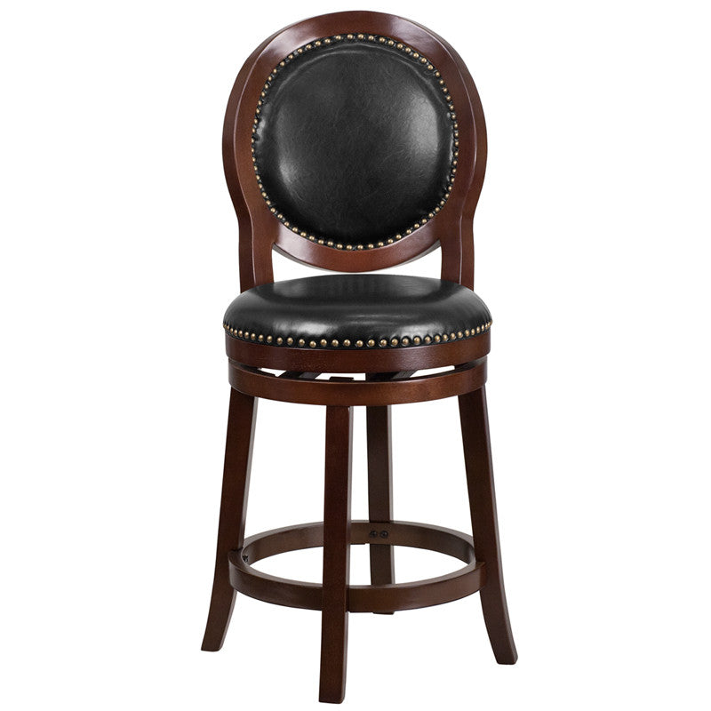 Cappuccino Wood Barstool w/Black Leather Swivel Seat - Man Cave Boutique