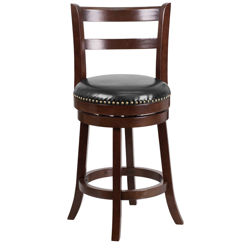 Cappuccino Wood Stool w/Black Leather Swivel Seat - Man Cave Boutique