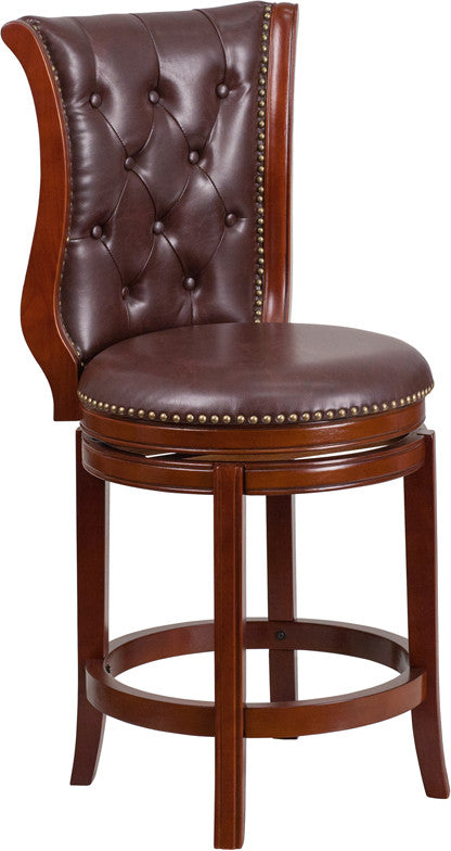 Dark Chestnut Wood Bar Stool With Hepatic Leather Swivel Seat - Man Cave Boutique