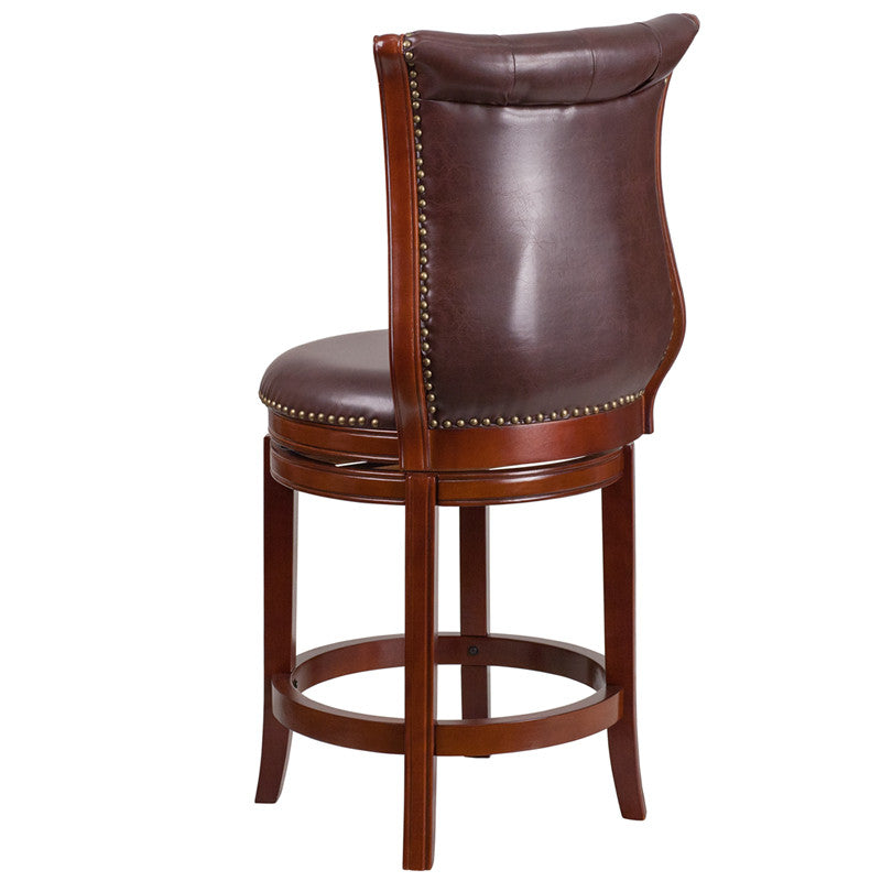 Dark Chestnut Wood Bar Stool With Hepatic Leather Swivel Seat - Man Cave Boutique