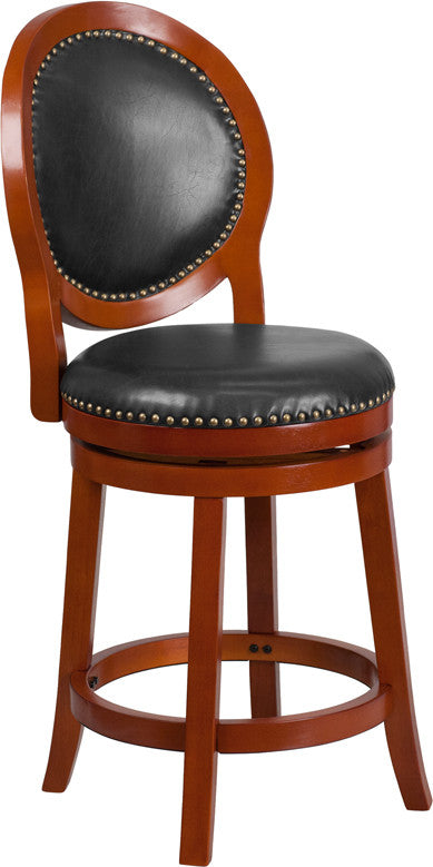 Light Cherry Wood Barstool W/Walnut Leather Swivel Seat - Man Cave Boutique