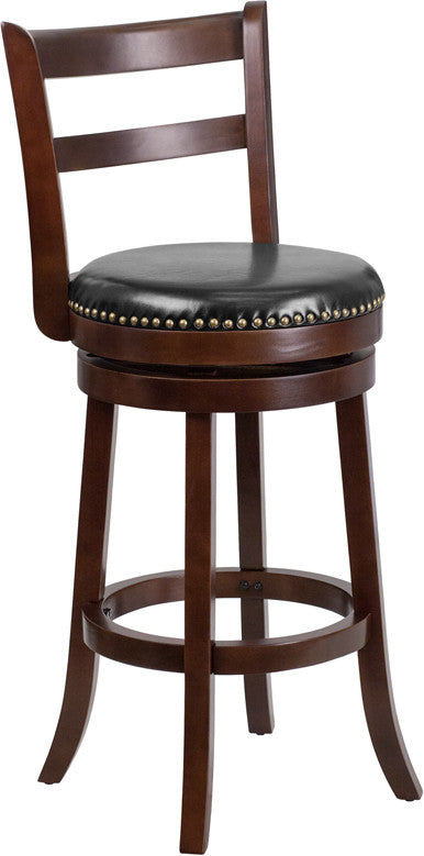 Cappuccino Wood Stool w/Black Leather Swivel Seat - Man Cave Boutique