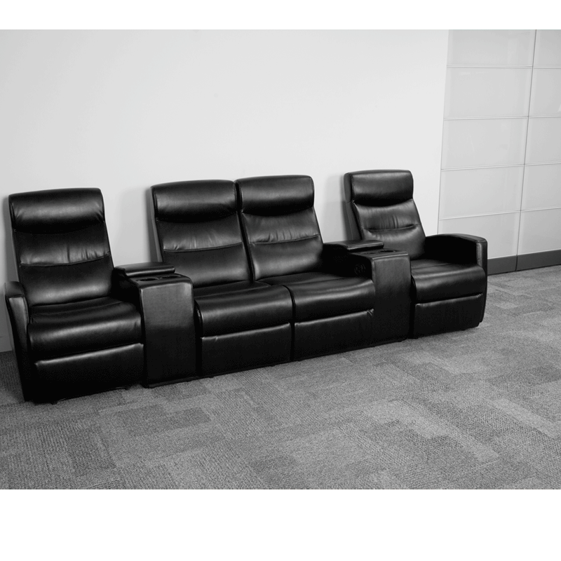 4-SEAT Reclining Black Leather Theater Seating Unit - Man Cave Boutique
