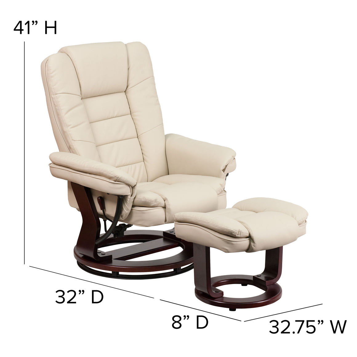 Contemporary Beige Leather Recliner & Ottoman & Swivel Mahogany Base - Man Cave Boutique