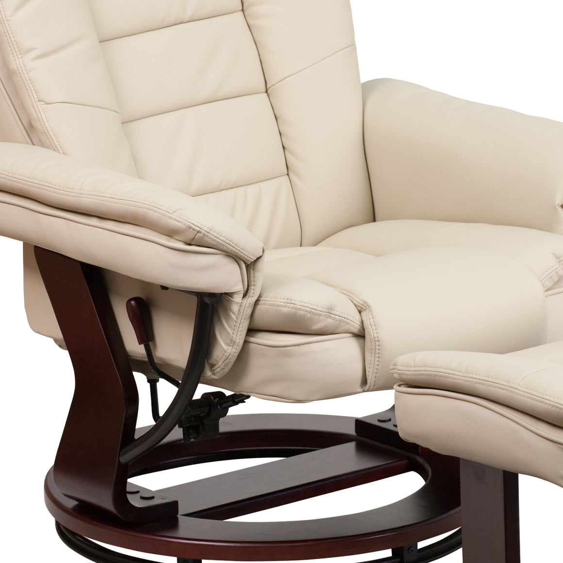 Contemporary Beige Leather Recliner & Ottoman & Swivel Mahogany Base - Man Cave Boutique