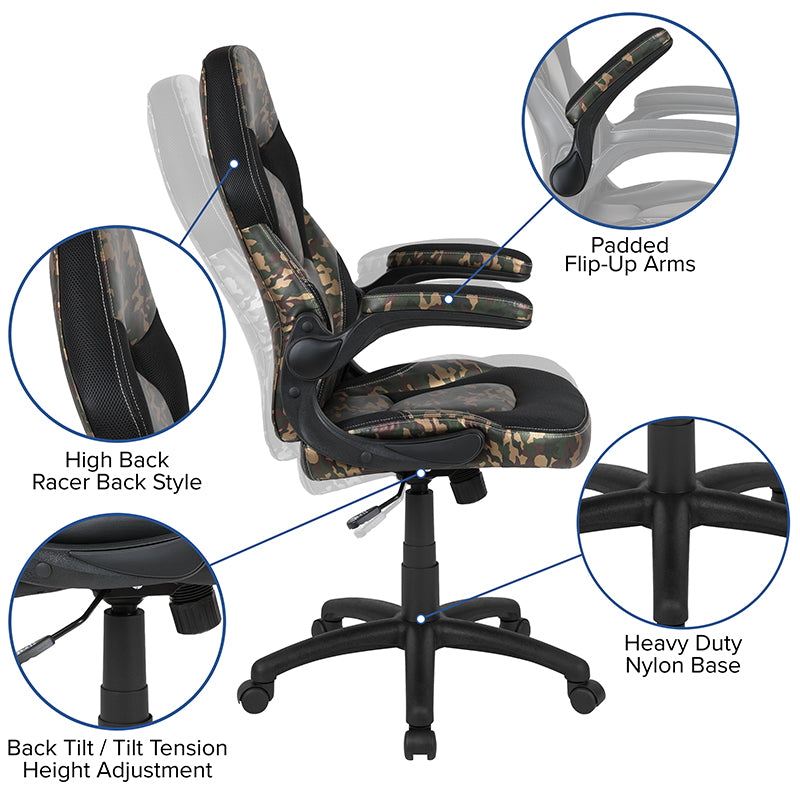 Gaming Chair Racing Style Ergonomic Adjustable Swivel Chair w/ Flip-up Arms - Camoflage - Man Cave Boutique