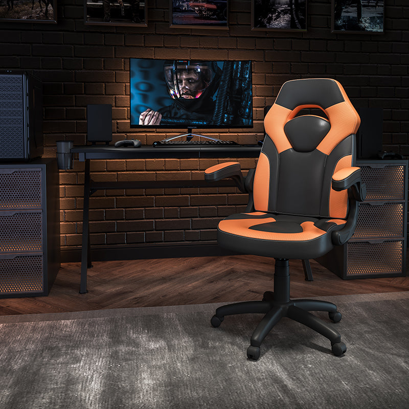 Gaming Chair Racing Style Ergonomic Adjustable Swivel Chair w/ Flip-up Arms - Orange - Man Cave Boutique