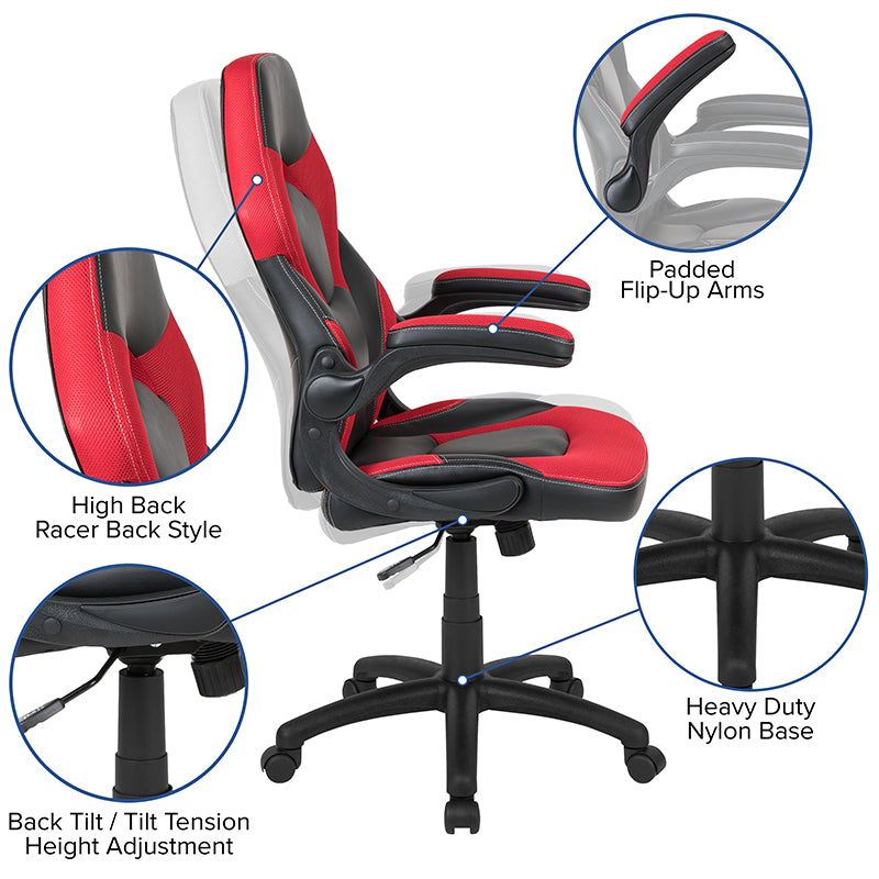 Gaming Chair Racing Style Ergonomic Adjustable Swivel Chair w/ Flip-up Arms - Red - Man Cave Boutique