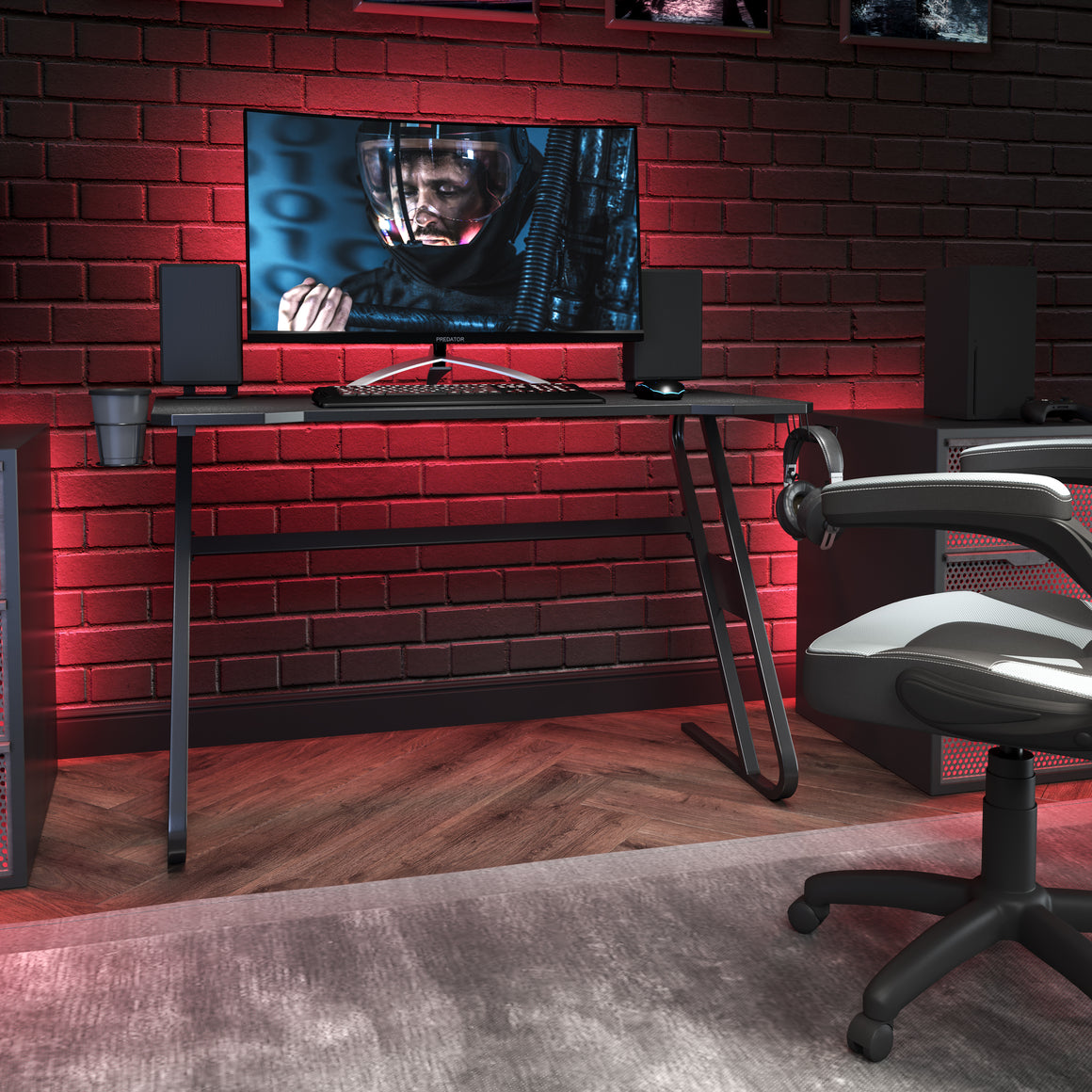 Gaming Desk with Cup Holder and Headphone Hook - Black - Man Cave Boutique