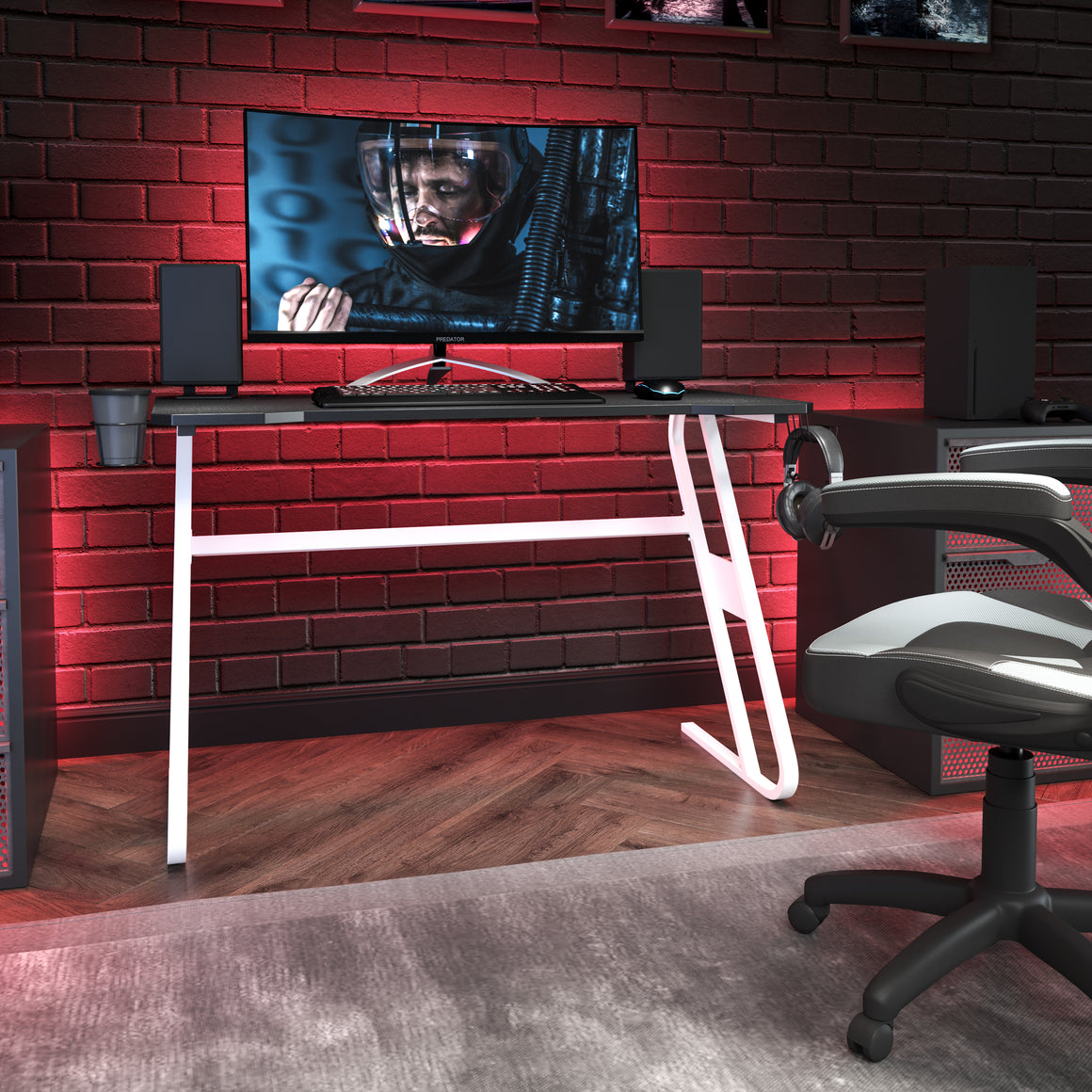 Gaming Desk with Cup Holder and Headphone Hook - White - Man Cave Boutique