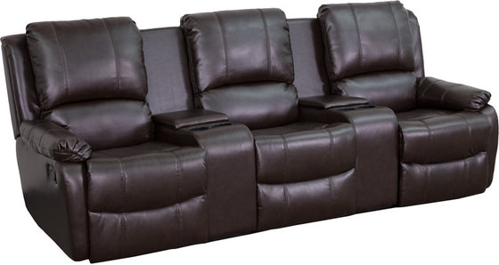 3-SEAT Reclining Pillow Back Brown Leather Theater Seating Unit - Man Cave Boutique