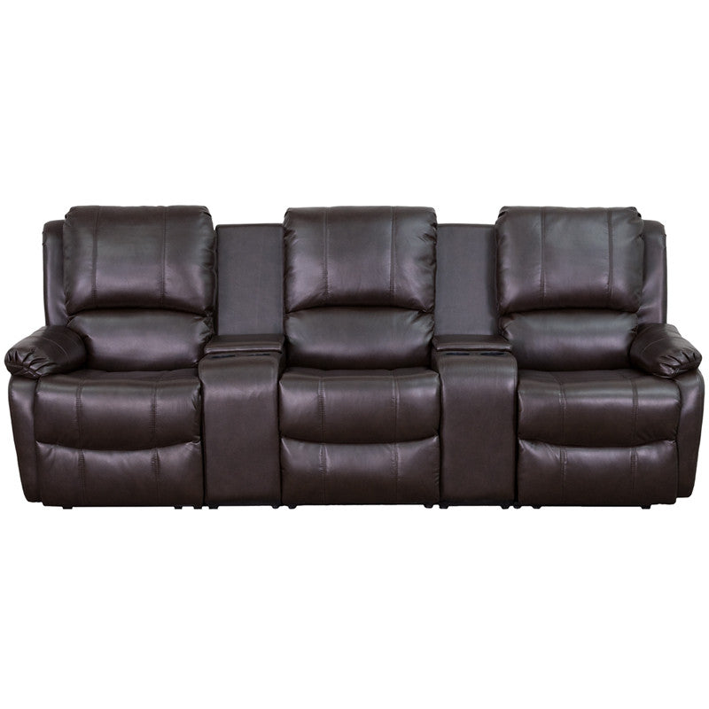3-SEAT Reclining Pillow Back Brown Leather Theater Seating Unit - Man Cave Boutique