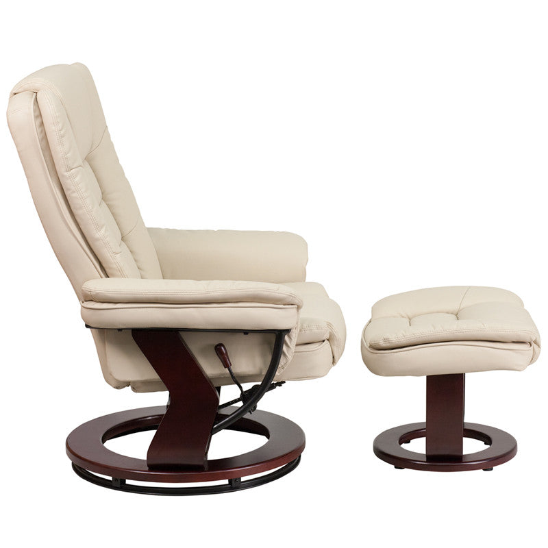 Contemporary Beige Leather Recliner & Ottoman & Swivel Mahogany Base - Man Cave Boutique