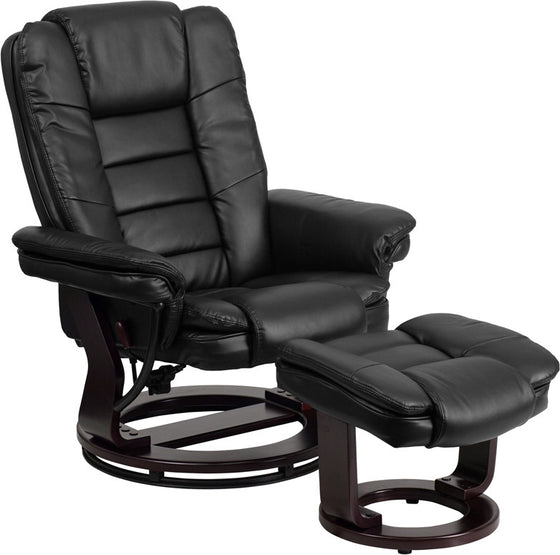 Contemporary Black Leather Recliner & Ottoman & Swivel Mahogany Base - Man Cave Boutique