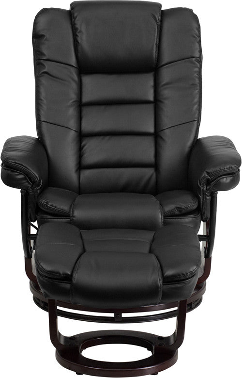 Contemporary Black Leather Recliner & Ottoman & Swivel Mahogany Base - Man Cave Boutique
