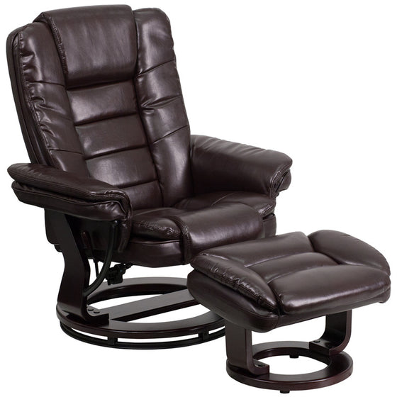 Contemporary Brown Leather Recliner & Ottoman & Swivel Mahogany Base - Man Cave Boutique