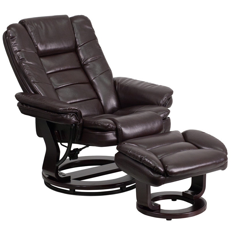 Contemporary Brown Leather Recliner & Ottoman & Swivel Mahogany Base - Man Cave Boutique