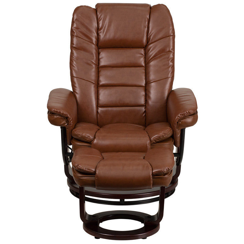 Brown Vintage Leather Recliner & Ottoman w/Swivel Wood Mahogany Base - Man Cave Boutique