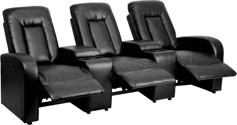 3-SEAT Power Reclining Black Leather Theater Seating Unit - Man Cave Boutique