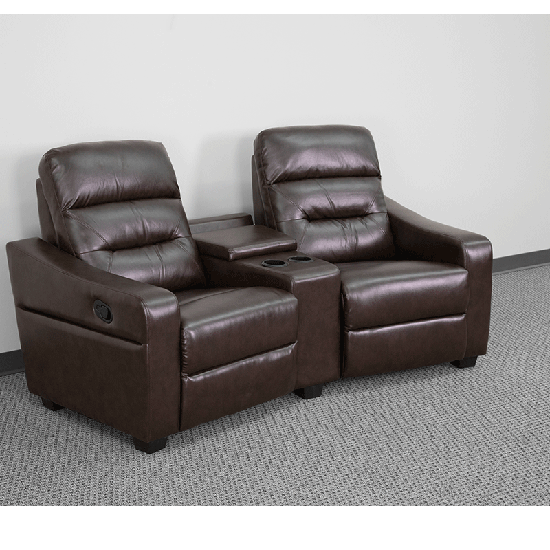 2-Seat Reclining Brown Leather Theater Seating Unit Man Cave
