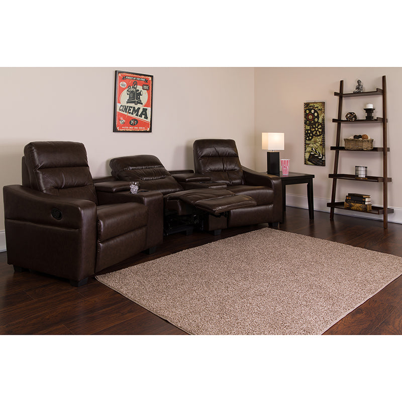 3-SEAT Reclining Brown Leather Theater Seating Unit - Man Cave Boutique