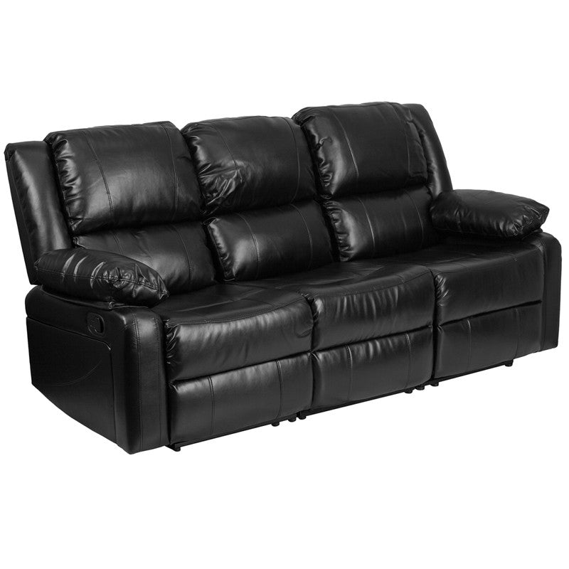 Black Leather Sofa With Two Built-In Recliners - Man Cave Boutique