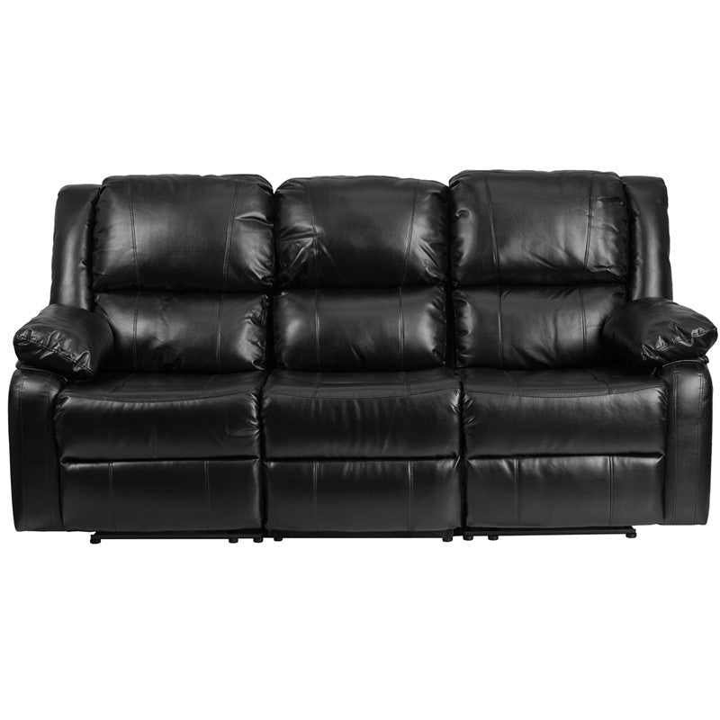 Black Leather Sofa With Two Built-In Recliners - Man Cave Boutique