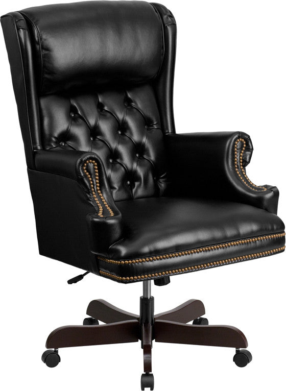 Traditional Tufted Black Leather Office Chair with Rolled Headrest - Man Cave Boutique